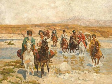 Черкесы на лошадях пересекают реку