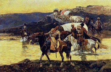 Черкесские всадники форсируют реку с воловьими повозками Черкесские всадники форсируют реку с воловьими повозками