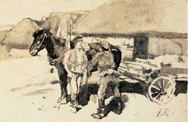 Два крестьянина перед телегой