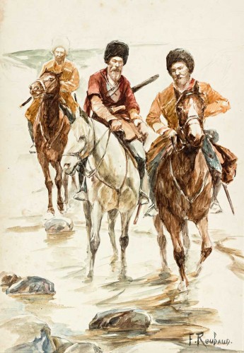 Кавказские всадники с высокими меховыми шапками