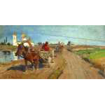 Грунтовая дорога с двумя телегами перед православной церковью